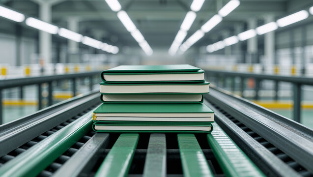 Stack of green books on a conveyor belt in a modern factory setting