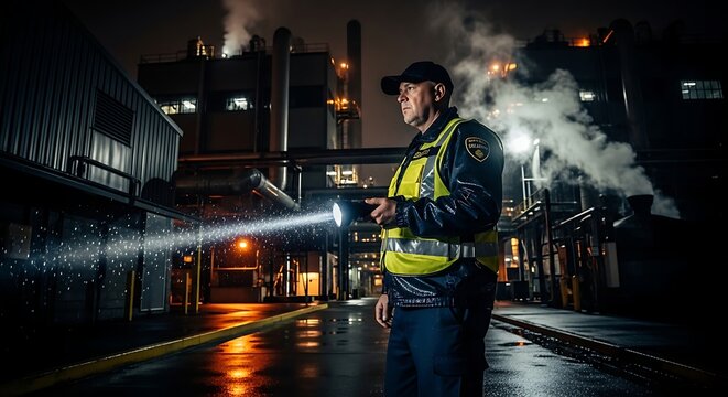 Security guard patrolling an industrial facility at night with light