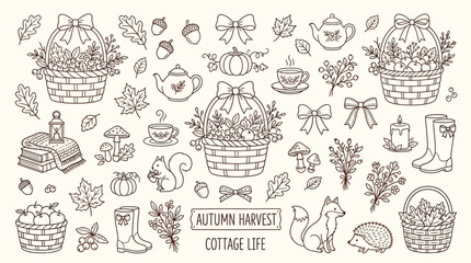 Charming Hand-Drawn Autumn Harvest and Cottage Life Elements Collection. © Bara