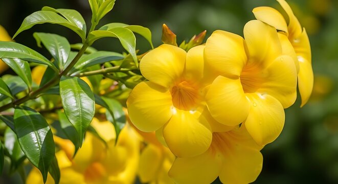 Vibrant yellow allamanda flowers blooming on a green leafy branch