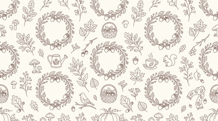 Seamless pattern of hand-drawn autumn elements including leaves, acorns, pumpkins, and cute forest creatures. © Bara