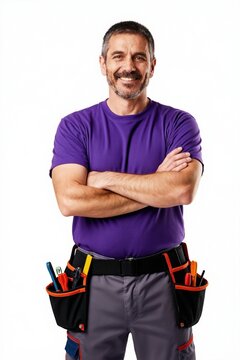 Man with tool belt smiles confidently. He wears purple shirt and work pants. Ready for repair job. Hands crossed, pro and friendly appearance.