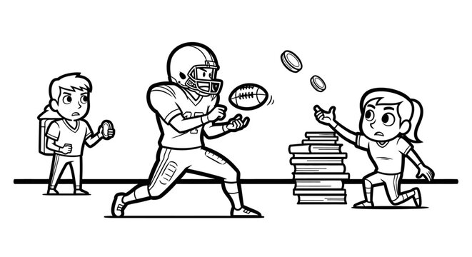 Cartoon football player throwing ball to children over books.
