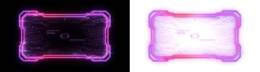 Obraz premium Futuristic glowing neon pink purple hud frame with digital glitch and circuit board elements, isolated on transparent background