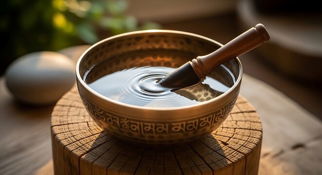 Tibetan singing bowl with water ripples and wooden striker on stump