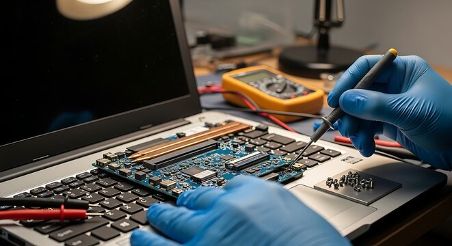 Hands in blue gloves repairing a laptop motherboard with probes
