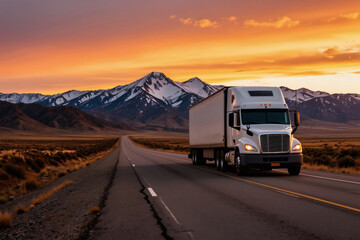 Fototapeta premium White semi truck drives on empty highway toward snow capped mountains at sunset. Vast landscape road stretches to horizon under dramatic orange sky.