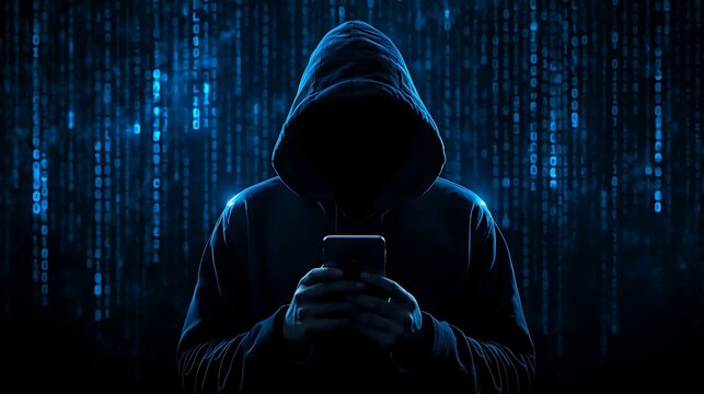 anonymous person silhouette in abstract dark blue codes background