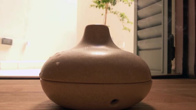 Low Angle of Ceramic Mosquito Repellent Holder Emitting Smoke Indoors