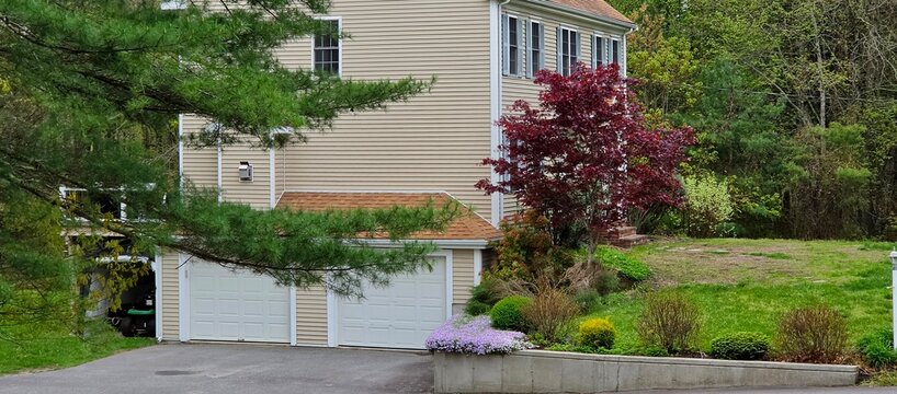 Serene Suburban Residence Featuring a Vibrant Red Maple Tree and Lush Spring Landscaping Architecture