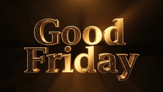 Golden 3D Text 'Good Friday' Illuminated by Dramatic Light Rays on a Dark Background.
