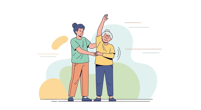 Physical therapist assisting elderly woman with arm exercise, promoting active senior lifestyle and rehabilitation