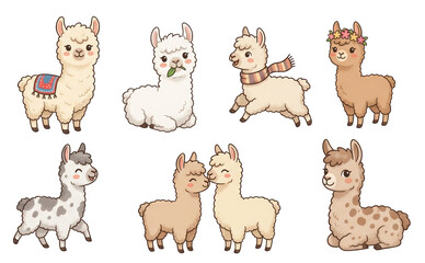 Obraz premium Set of cute cartoon llamas on transparent background. Collection of hand drawn alpacas with accessories and floral crowns. Kawaii animal character illustration for design and decor.