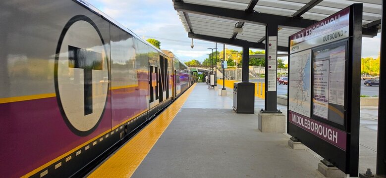 MBTA commuter rail train waiting at Middleborough station, representing efficient public transportation and urban connectivity