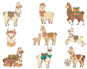 Obraz premium Set of cute cartoon lama characters on transparent background. Alpacas with accessories like garland, backpack and scarf. Collection of funny llama animals for sticker or card design.