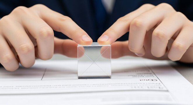 A student is pressing a glass prism sheet on a document with their fingers.