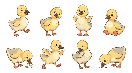 Fototapeta premium Collection of cute duckling illustrations in various poses on transparent background. Set of baby duck characters for children design project. Cartoon style animal element set.