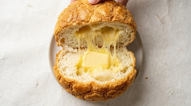 Pineapple bun bo luo bao Hong Kong pineapple bun with butter slab split overhead cheese or filling pull stretch freeze frame SL2 APOs clean controlled single strobe washi paper white surface soft