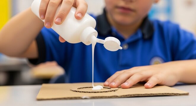 A student is carefully peeling clear adhesive tape off a cardboard sheet in a classroom setting.
