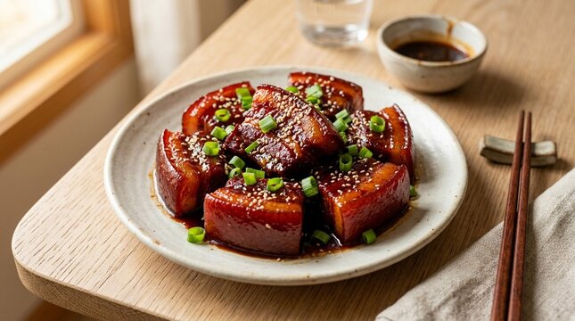 Red braised pork hong shao red-braised pork belly hong shao rou sticky glaze close overhead three-quarter angle plated full context EOS-1D X Mark III.2Ls dual softbox cross-light pale oak wood