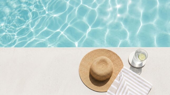 Summer vacation poolside relaxation scene with straw hat striped towel and refreshing lime water drink on concrete deck for luxury travel lifestyle concept