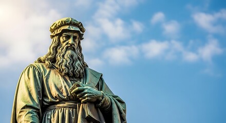 Fototapeta premium Bronze monument of a bearded scholar holding a book against blue sky
