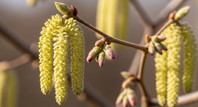 Yellow hazel catkins and buds blooming on a branch in spring
