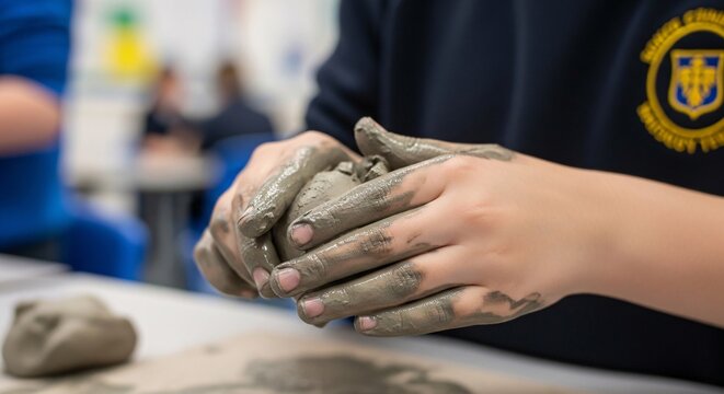 Student's hands are mixing wet clay in a classroom environment with peers.
