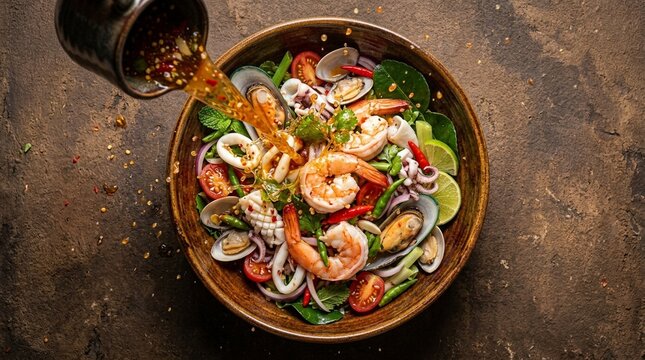 Yum talay seafood salad Thai seafood yam salad shrimp squid lime herb overhead action pour sauce or broth over dish freeze frame EOS R5 macro.8Ls studio octabox overhead earth clay surface warm