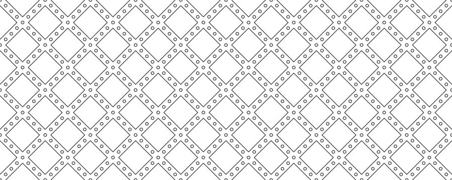 Seamless vector pattern with black outline double-line diamond grids and tiny circles on white