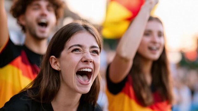 Emotional German Woman Football Fan Celebrating Dramatic Victory in Black Red and Gold Jersey