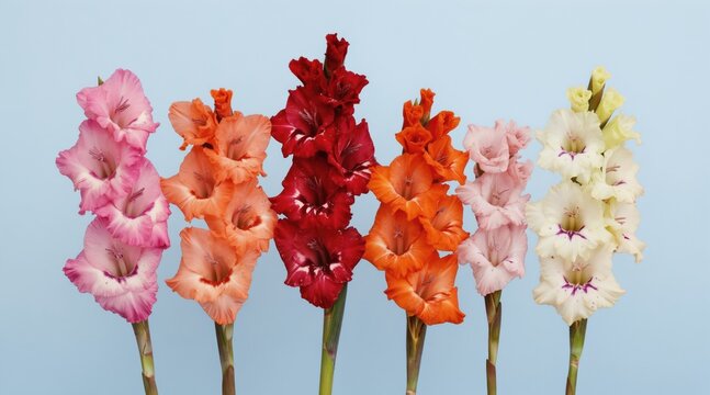 Colorful gladiolus flowers stand in a line against a soft blue backdrop. Various bright hues from pink to white feature prominent petals and visible green stems.