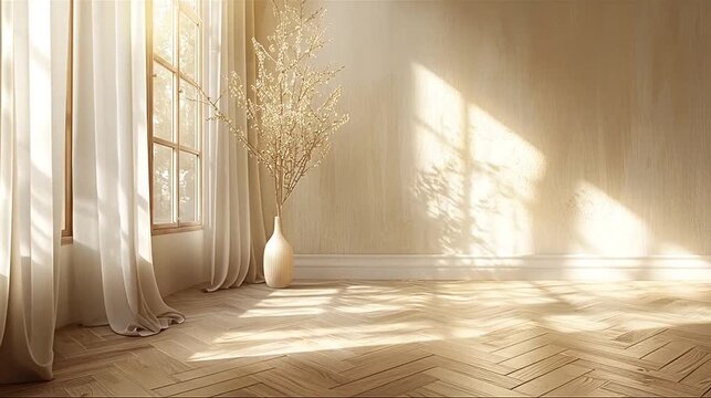 Empty sunlit room with sheer curtains, a window, a vase of dried plants, and herringbone wood floor