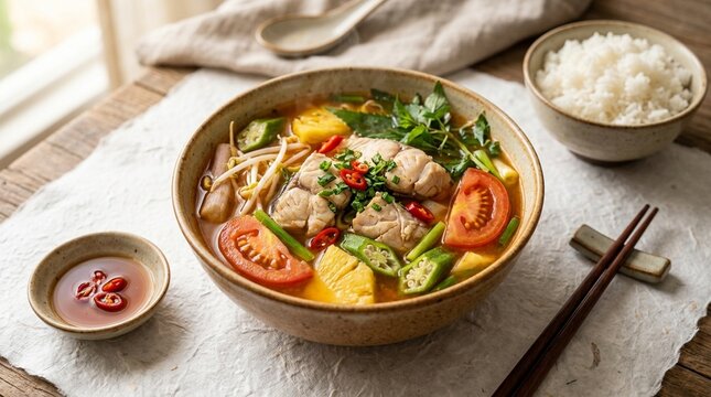 Canh chua sour fish soup Vietnamese sweet sour canh chua fish tomato tamarind overhead three-quarter angle plated full context FX3.4 GMs warm cinematic ambient light washi paper white surface soft