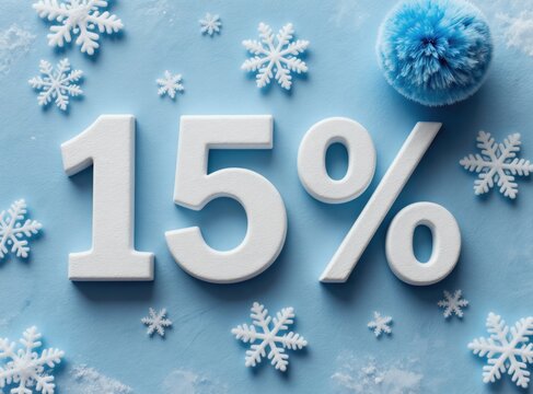Big white numbers 15 percent with snowflakes on light blue background. Winter sale promotion announcement for retail stores. Special offer graphic for seasonal discounts.