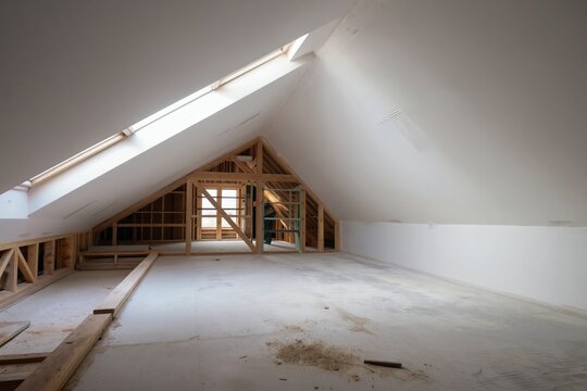 Attic interior unfinished with wooden frame structure exposed drywall installed on roof slopes skylights let in natural light creating bright space ready for finishing.