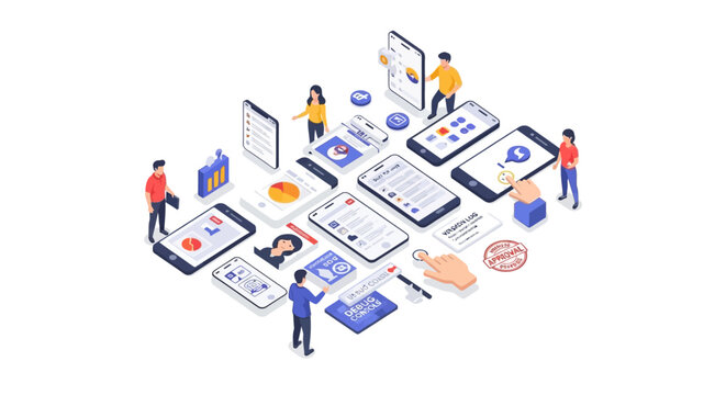 Isometric Concept of Mobile App Development and UI Design Process.