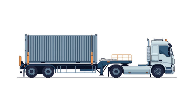 Modern semi-trailer truck carrying a shipping container, isolated on white.