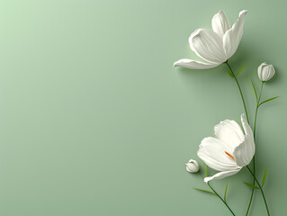 Fototapeta premium Elegant 3D white floral blossom craft providing clean pastel green text area for spring mother day greeting premium cosmetic brand landing page