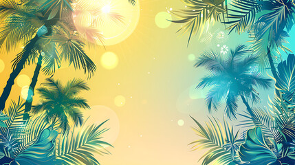 Obraz premium Vibrant tropical palm leaves sunburst illustration with bright central copy space for summer beach party event travel agency vacation promo background