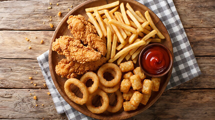 Fototapeta premium A delicious arrangement of fried chicken, onion rings, tater tots, and french fries on a wooden table with ketchup.