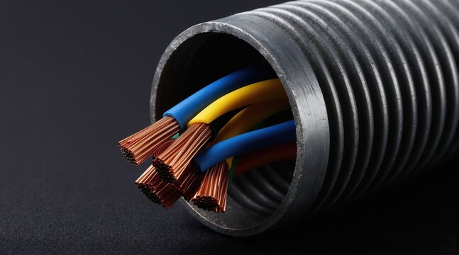 Flexible metallic conduit with insulated copper wires, blue and yellow. Close up studio shot of electrical wiring components on dark background. Industrial power connection material.