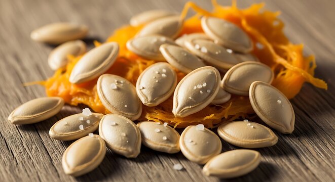 Fresh salted pumpkin seeds with orange pulp on a wooden table