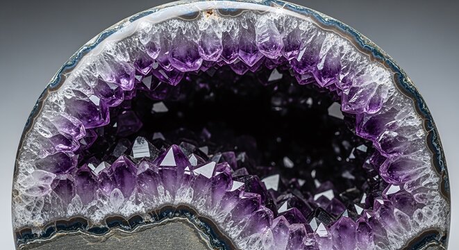 Close-up of a dazzling amethyst geode revealing sparkling purple crystals and a dark interior.