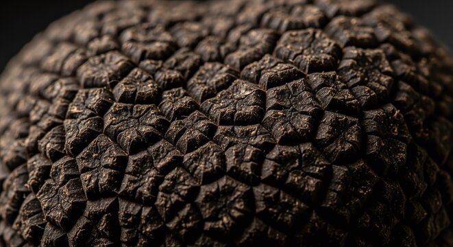 Macro view of the textured surface of a dark, earthy truffle mushroom.