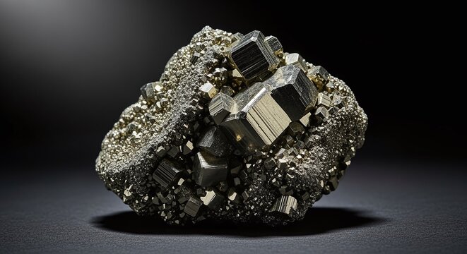 Glistening pyrite mineral cluster with cubic crystal formations on a dark background
