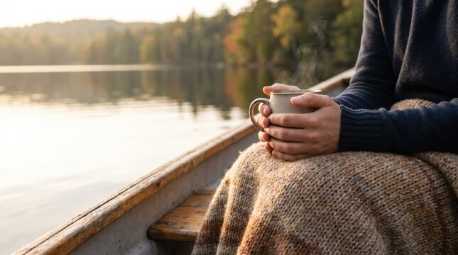 Person holding steaming mug in boat on calm lake at sunrise wrapped in cozy knitted blanket for peaceful morning relaxation and mindfulness concept