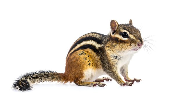 A small, striped rodent sits on a white surface, facing right. Its fur is brown, black, and orange. The tail is extended