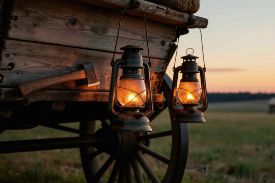 Two old kerosene lanterns glow warm light on weathered chuck wagon with axe attached to side at dusk. Rural landscape background shows distant trees, faint sunset glow. Authentic vintage Americana