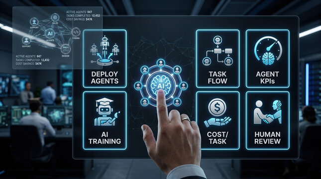 Artificial intelligence agent management system, futuristic AI training dashboard with task flow and KPIs, digital automation control interface